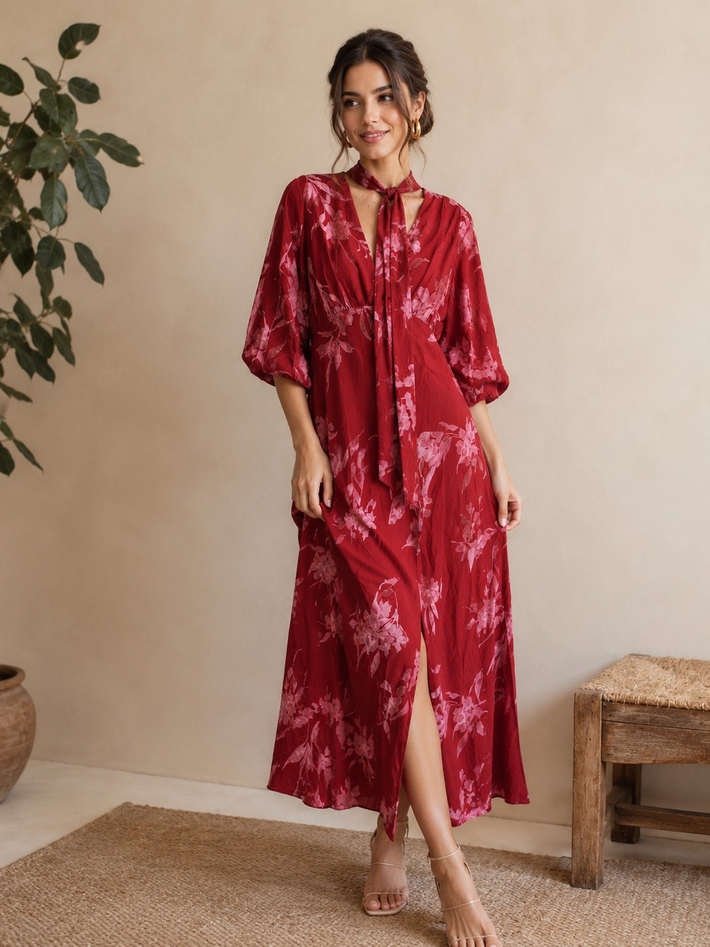 A New Day Red Pink Floral Midi Dress NWT Women's Medium Puff Sleeve